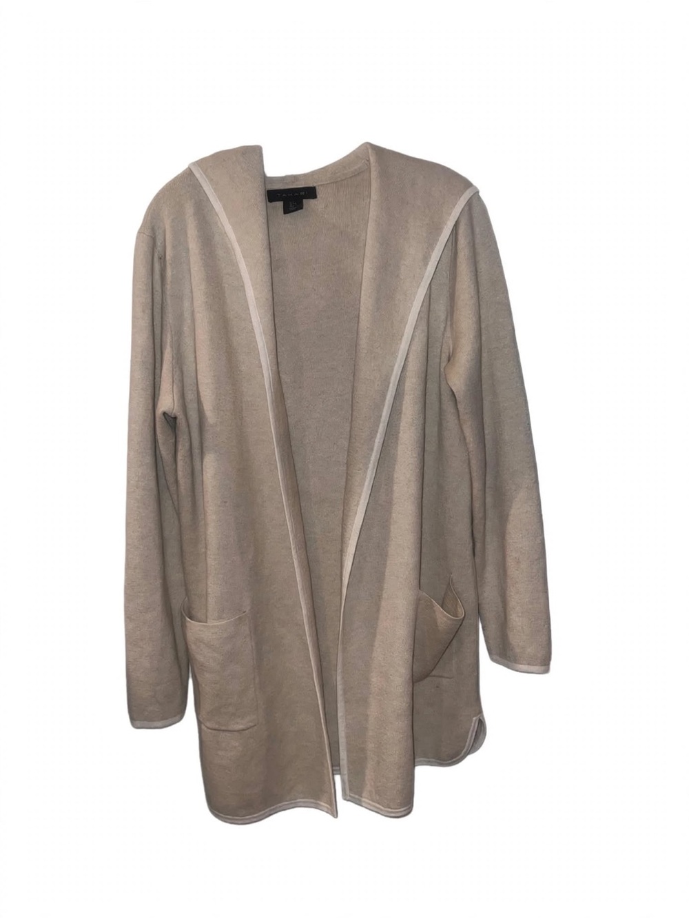 Tahari Beige Open-Front Cardigan with Contrast Trim